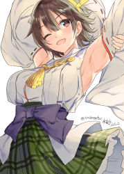 Rule 34 | 1girl, alternate eye color, armpits, artist name, bare shoulders, blush, brown eyes, brown hair, detached sleeves, green skirt, hair between eyes, headgear, hiei (kancolle), hiei kai ni (kancolle), highres, japanese clothes, kantai collection, mizuta kenji, nontraditional miko, one eye closed, open mouth, plaid, plaid skirt, pleated skirt, ribbon-trimmed sleeves, ribbon trim, short hair, simple background, skirt, smile, solo, twitter username, white background, wide sleeves