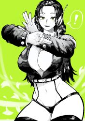 Rule 34 | !, 1girl, absurdres, bikini, bikini bottom only, blush, breasts, cleavage, commentary, cowboy shot, cropped shirt, crossed arms, curvy, forehead, green background, green eyes, greyscale with colored background, groin, headset, highres, large breasts, long hair, long sleeves, looking at viewer, navel, nico robin, one piece, open mouth, parted bangs, petals, simple background, smile, solo, spoken exclamation mark, spot color, standing, stomach, swimsuit, thighhighs, thighs, yotsumi shiro
