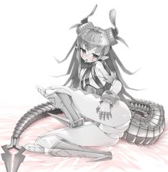 Rule 34 | akitsuki itsuki, ass, bed sheet, blush, colored skin, elizabeth bathory (fate), fate/grand order, fate (series), grey eyes, grey hair, grey skin, grey theme, horns, joints, long hair, looking at viewer, lying, mecha eli-chan mk.ii (fate), mechanical tail, no feet, on side, panties, pointy ears, robot, robot joints, simple background, sitting, tail, tongue, tongue out, trefoil, underwear, white background