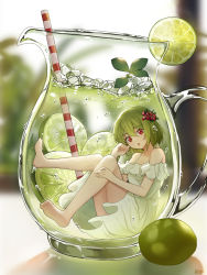 Rule 34 | 1girl, artist name, bad id, bad pixiv id, barefoot, blurry, blurry background, chestnut mouth, clenched hand, cup, dress, drinking straw, flower, food, fruit, full body, green hair, hair flower, hair ornament, highres, ice, ice cube, in container, in cup, lime (fruit), lime slice, original, pitcher (container), red eyes, risem, short hair, sitting, solo, underwater, white dress