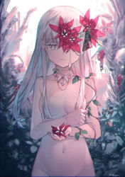 Rule 34 | 1girl, bad id, bad pixiv id, breasts, censored, censored nipples, closed mouth, collarbone, commentary, cowboy shot, expressionless, flower, grey hair, groin, hair censor, hair flower, hair ornament, hair over breasts, highres, holding, holding flower, long hair, looking at viewer, medium breasts, navel, nude, one eye covered, original, out-of-frame censoring, plant, red flower, skull, small breasts, solo, stomach, watori re