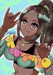 1girl apocalypse3333 bracelet breasts brown_hair dark-skinned_female dark_skin fire_emblem fire_emblem_engage highres jewelry looking_at_viewer medium_breasts midriff navel nintendo pearl_bracelet ponytail smile solo star-shaped_pupils star_(symbol) symbol-shaped_pupils timerra_(fire_emblem) very_dark_skin