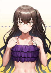 Rule 34 | 1girl, bare shoulders, bikini, blush, breasts, brown eyes, brown hair, closed mouth, collarbone, crossed bangs, expressionless, frilled bikini, frills, girls&#039; frontline, greem bang, hair between eyes, hair ornament, hands on own chest, highres, long hair, looking at viewer, navel, one side up, purple bikini, scar, scar across eye, scar on face, sidelocks, small breasts, stomach, sweatdrop, swimsuit, toned, ump45 (girls&#039; frontline)