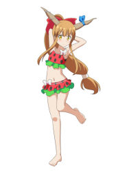 Rule 34 | 1girl, anime coloring, armpits, arms behind head, arms up, bare arms, bare legs, bare shoulders, barefoot, bikini, bikini skirt, blue ribbon, blush, bow, brown hair, cato (monocatienus), commentary request, frills, full body, hair bow, horn ornament, horn ribbon, horns, ibuki suika, long hair, looking at viewer, low-tied long hair, miniskirt, name connection, navel, object namesake, oni, oni horns, red bikini, red bow, red skirt, ribbon, sidelocks, simple background, skirt, smile, solo, standing, standing on one leg, stomach, swimsuit, thighs, touhou, very long hair, white background, yellow eyes