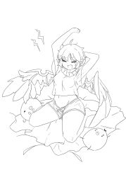 Rule 34 | 1girl, ahoge, animal, animal ears, arms up, barefoot, bird, bird ears, bird wings, blush, closed eyes, full body, groin, highres, lineart, mystia lorelei, navel, open mouth, shirt, short hair, short sleeves, shorts, simple background, sketch, solo, stretching, tatutaniyuuto, tears, touhou, unfinished, white background, wings, yawning