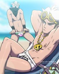Rule 34 | 2boys, alolan boy, bandana, bandana over mouth, black hair, black wristband, blue hair, briefs, bulge, closed mouth, cloud, commentary, creatures (company), day, english commentary, eyewear on head, game freak, gen 7 pokemon, guzma (pokemon), highres, jewelry, looking to the side, male focus, male underwear, male underwear pull, multicolored hair, multiple boys, necklace, nintendo, nipples, npc trainer, one eye closed, outdoors, penis, penis peek, pokemon, pokemon (creature), pokemon sm, print briefs, print male underwear, pulled by self, skull-shaped hat, sky, sunglasses, team skull, team skull grunt, topless male, two-tone hair, undercut, underwear, underwear only, undressing, watermark, web address, white briefs, white hair, white male underwear, wimpod, wristband, yellow-framed eyewear