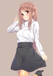 Rule 34 | 1girl, beige hair, black skirt, brown eyes, brown hair, female focus, hair over shoulder, high heels, holding clothes, holding skirt, long hair, looking at viewer, mikazuchi zeus, original, simple background, skirt, smile, solo, standing, standing on one leg, sweater, v, white sweater