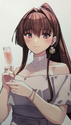 Rule 34 | 1girl, absurdres, bare shoulders, brown eyes, brown hair, champagne flute, cup, dress, drinking glass, grey dress, hair intakes, highres, holding, kantai collection, long hair, official alternate costume, ponytail, shizuma yoshinori, sidelocks, solo, third-party source, upper body, very long hair, yamato (kancolle)