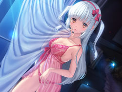 Rule 34 | 1girl, alarm clock, babydoll, bare arms, bare shoulders, blush, bow, breasts, brown eyes, cleavage, clock, collarbone, commentary request, curtain grab, curtains, frills, hair bow, hairband, hand up, indoors, kamome yuu, long hair, looking at viewer, medium breasts, night, original, panties, parted lips, pink panties, red bow, red hairband, silver hair, solo, standing, transparent, two side up, underwear, underwear only, very long hair, window