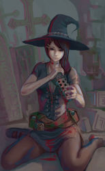 Rule 34 | 1girl, belt, blood, brown hair, choker, dress, hat, highres, holding, jittsu, loose belt, original, pantyhose, pouch, sitting, spilling, wariza, witch, witch hat