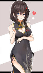 Rule 34 | 1girl, absurdres, ahoge, alternate costume, bare shoulders, black dress, black hair, blue eyes, blush, braid, breasts, china dress, chinese clothes, cleavage cutout, clothing cutout, cowboy shot, dress, hair flaps, hair ornament, hair over shoulder, heart, highres, kantai collection, large breasts, letterboxed, looking at viewer, saku (kudrove), shigure (kancolle), shigure kai ni (kancolle), single braid, solo