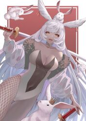 Rule 34 | 1girl, :d, animal ears, breasts, chinese zodiac, choker, cleavage, commentary, covered navel, crown, dark-skinned female, dark skin, english commentary, fishnet pantyhose, fishnets, fur trim, granblue fantasy, highres, holding, holding sword, holding weapon, large breasts, leotard, long hair, looking at viewer, makura (granblue fantasy), nail polish, nonh (wormoftank), open mouth, orange eyes, pantyhose, rabbit, rabbit ears, red background, smile, sword, weapon, white hair, year of the rabbit