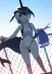 Rule 34 | 1girl, absurdres, backlighting, bare shoulders, black hair, blonde hair, blowhole, blue eyes, blue hair, blush, cetacean tail, chain-link fence, common dolphin (kemono friends), day, dolphin girl, dorsal fin, dutch angle, feet out of frame, fence, fins, fish tail, head fins, highleg, highleg swimsuit, highres, iwa (iwafish), kemono friends, legs apart, medium hair, multicolored hair, one-piece swimsuit, open mouth, outdoors, smile, solo, standing, swimsuit, tail, white hair