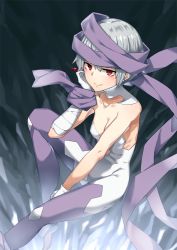 Rule 34 | 10s, 1girl, bare shoulders, bodysuit, breasts, cleavage, earrings, gloves, grey hair, head rest, jewelry, looking at viewer, red eyes, scarf, short hair, single earring, smile, solo, ulith (wixoss), white gloves, wixoss, yumoteliuce