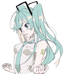 Rule 34 | 1girl, aqua hair, aqua necktie, bare arms, blue eyes, breasts, collared shirt, cropped torso, cupping hands, eiku, expressionless, eyelashes, facing away, framed breasts, hair between eyes, hands up, hatsune miku, head down, high collar, long hair, looking afar, muted color, narrow waist, necktie, number tattoo, own hands together, pale skin, parted lips, shirt, shoulder tattoo, simple background, sleeveless, sleeveless shirt, small breasts, solo, tattoo, twintails, underboob, vocaloid, white background, white shirt, wide-eyed