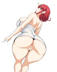 Rule 34 | 1girl, alternate breast size, anus, anus peek, ass, breasts, cleft of venus, curvy, female focus, from behind, grabbing, jadf, large breasts, looking at viewer, looking back, mature female, naked towel, pussy, pyra (xenoblade), red eyes, red hair, short hair, simple background, solo, surprised, thick thighs, thighs, towel, uncensored, white background, xenoblade chronicles (series), xenoblade chronicles 2