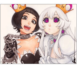 2girls :d black_eyes black_hair blunt_bangs bow bowtie breasts chain cleavage collar crown dress gem gloves large_breasts mario_(series) metal_collar multiple_girls new_super_mario_bros._u_deluxe nintendo omar_dogan open_mouth princess_chain_chomp princess_king_boo puffy_short_sleeves puffy_sleeves sharp_teeth short_hair short_sleeves simple_background smile teeth tongue v white_background white_bow white_bowtie white_dress white_gloves