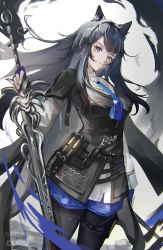Rule 34 | 1girl, absurdres, animal ears, arknights, artist name, black cape, black hair, black pantyhose, black vest, blue gloves, blue necktie, blue shorts, cape, cmdr saturn, commentary, fingerless gloves, floating hair, gloves, highres, holding, holding sword, holding weapon, long hair, looking at viewer, necktie, pantyhose, pantyhose under shorts, shorts, solo, sword, texas (arknights), texas the omertosa (arknights), vest, weapon, wolf ears, wolf girl, yellow eyes