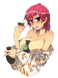 Rule 34 | 1girl, alcohol, bare shoulders, between breasts, blush, breasts, character request, choko (cup), cleavage, cup, huge breasts, japanese clothes, kimono, kimono pull, kusanagi tonbo, large breasts, original, purple eyes, red hair, sake, short hair, simple background, smile, solo, source request, tokkuri, yukata