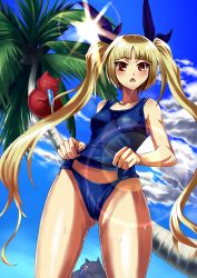 Rule 34 | 1girl, absurdres, arc system works, bad id, bad pixiv id, blazblue, blonde hair, breasts, cat, cloud, covered erect nipples, day, food, gii, highres, kanateko, lens flare, long hair, medium breasts, nago, one-piece swimsuit, palm tree, popsicle, rachel alucard, red eyes, school swimsuit, school swimsuit flap, solo, sun, swimsuit, tree, twintails