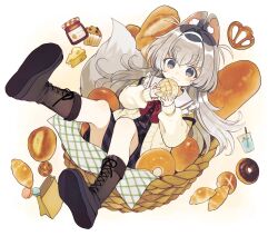 Rule 34 | 1girl, absurdres, animal ear fluff, animal ears, bag, baguette, boots, bow, bowtie, bread, brown footwear, cardigan, closed mouth, commission, croissant, cross-laced footwear, cup, doughnut, dress, drinking straw, eating, food, fox girl, full body, grey eyes, grey hair, hair bow, hairband, highres, holding, holding food, kurodeko, lace-up boots, legs up, long hair, long sleeves, looking at viewer, melon bread, open cardigan, open clothes, original, paper bag, plaid, red bow, sailor collar, shoe soles, short eyebrows, signature, simple background, sitting, skeb commission, sleeves past wrists, smile, solo, squirrel (jjjjmmn err), tail, thank you, thick eyebrows, very long hair, white background, white sailor collar, yellow cardigan