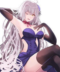 Rule 34 | &gt;;o, 1girl, ;o, absurdres, ahoge, arm up, armpits, bad id, bad pixiv id, bare shoulders, black gloves, black thighhighs, breasts, cleavage, commentary request, crossed legs, dress, elbow gloves, fate/grand order, fate (series), feet out of frame, female focus, flower, gloves, grey hair, hair flower, hair ornament, hand on own chest, highres, jeanne d&#039;arc (fate), jeanne d&#039;arc alter (avenger) (fate), jeanne d&#039;arc alter (avenger) (third ascension) (fate), jeanne d&#039;arc alter (fate), large breasts, long hair, looking at viewer, lower teeth only, lq saku, official alternate costume, one eye closed, open mouth, purple dress, purple flower, red neckwear, red ribbon, ribbon, round teeth, simple background, sitting, solo, strapless, strapless dress, teeth, thighhighs, type-moon, very long hair, wavy hair, wince, yellow eyes
