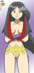 Rule 34 | 00s, belt, black hair, breasts, cleft of venus, creatures (company), frontier brain, game freak, highres, long hair, lucy (pokemon), multicolored hair, navel, nintendo, nipples, nude, pokemon, pokemon emerald, pokemon rse, pussy, red eyes, simple background, smile, smirk, togeepy