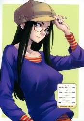 Rule 34 | 1girl, absurdres, black eyes, black hair, breasts, female focus, glasses, green background, hat, highres, large breasts, long hair, looking at viewer, nail polish, simple background, smile, solo, standing, upper body, yurikawa