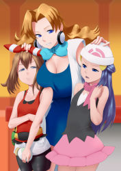 Rule 34 | &gt;:&lt;, 3girls, :&lt;, age difference, beanie, belt, bike shorts, blonde hair, blue bow, blue eyes, blue hair, bow, bowtie, bra strap, breast envy, breast press, breast rest, breasts, brown hair, cleavage, closed mouth, colorized, creatures (company), dawn (pokemon), earrings, eyebrows, flustered, game freak, girl sandwich, hair between eyes, hand on another&#039;s head, hat, headband, highres, jewelry, lab coat, large breasts, long hair, may (pokemon), may (pokemon oras), maydrawfag, miniskirt, molly hale, multiple girls, nintendo, open mouth, pokemon, pokemon (anime), pokemon (classic anime), pokemon 3: the movie - spell of the unown: entei, pokemon dppt (anime), pokemon oras, pout, ribbon, sandwiched, scarf, skirt, sleeveless, small breasts, smirk, v-shaped eyebrows