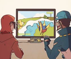 Rule 34 | 2boys, :d, archie (pokemon), blue bodysuit, bodysuit, brown hair, carvanha, character print, clenched hand, coat, commentary, controller, creatures (company), dark-skinned male, dark skin, diving suit, eevee, game freak, gen 1 pokemon, gen 3 pokemon, glasses, holding, holding controller, indoors, long sleeves, male focus, maxie (pokemon), metapod, multicolored bodysuit, multicolored clothes, multiple boys, nintendo, nintendo switch, numel, open mouth, pikachu, pokemon, pokemon (creature), pokemon oras, sharp teeth, smile, ssalbulre, team magma, teeth, television, tongue, torn bodysuit, torn clothes, wetsuit, white bodysuit