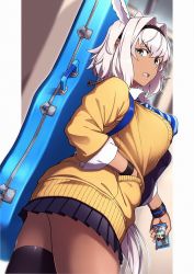 Rule 34 | 1girl, animal ears, ass, black skirt, blue eyes, breasts, caenis (fate), cellphone, collared shirt, contemporary, dark-skinned female, dark skin, dress shirt, fate/grand order, fate (series), hair intakes, hairband, highres, instrument case, large breasts, long hair, long sleeves, looking at viewer, mku, nail polish, open mouth, phone, ponytail, shirt, skirt, sweater, thighs, white shirt, wristband, yellow sweater