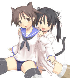 Rule 34 | 00s, 2girls, animal ears, bad id, bad pixiv id, brown hair, cat ears, cat tail, francesca lucchini, miyafuji yoshika, multiple girls, no pants, one-piece swimsuit, panties, school swimsuit, school uniform, strike witches, striker unit, striped clothes, striped panties, susu (ysy), swimsuit, swimsuit under clothes, tail, twintails, underwear, world witches series
