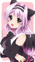 Rule 34 | 1girl, amaha miu, animal ears, black wings, breast hold, breasts, cat ears, highres, large breasts, long hair, mashiroiro symphony, open mouth, purple hair, sekina, smile, solo, wings