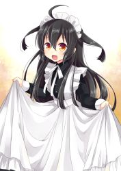 Rule 34 | 1girl, ahoge, alternate costume, apron, black dress, black hair, brown eyes, dress, enmaided, frilled apron, frills, hair between eyes, kantai collection, long hair, long sleeves, maid, maid apron, maid headdress, mikazuki (kancolle), nagasioo, open mouth, solo, white apron
