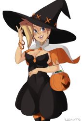 Rule 34 | 1girl, alternate hairstyle, bangle, black dress, black thighhighs, blonde hair, blue eyes, blush, bracelet, breasts, capelet, cleavage, dress, halloween, halloween costume, hat, jack-o&#039;-lantern, jewelry, lips, medium breasts, mercy (overwatch), official alternate costume, orange thighhighs, overwatch, overwatch 1, radlionheart, solo, strapless, strapless dress, striped clothes, striped thighhighs, thighhighs, white background, witch hat, witch mercy