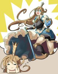 Rule 34 | &gt;:d, &gt; &lt;, 10s, 1girl, :d, armor, armored dress, ass, black pantyhose, blonde hair, blue dress, blue eyes, blush, breastplate, charlotta (granblue fantasy), closed eyes, crown, dress, frilled dress, frills, gauntlets, granblue fantasy, hair between eyes, hand on own hip, harvin, highres, holding, holding sword, holding weapon, imagining, infinite stratos, long hair, moppy (infinite stratos), open mouth, pantyhose, pointy ears, shield, smile, solo, sword, syulaf, v-shaped eyebrows, very long hair, weapon