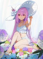 Rule 34 | 1girl, absurdres, atsuko (blue archive), atsuko (swimsuit) (blue archive), bare arms, bare legs, bare shoulders, bikini, blue archive, blue flower, blush, flower, frilled bikini, frills, grin, hair between eyes, hat, highres, long hair, looking at viewer, navel, official alternate costume, pink flower, purple flower, purple hair, red eyes, smile, solo, suye, swimsuit, white bikini, white flower, white hat