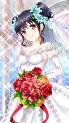 Rule 34 | 1girl, black hair, blue flower, bouquet, breasts, closed mouth, collarbone, detached sleeves, double bun, doukyuusei, dress, flower, game cg, hair between eyes, hair bun, hair flower, hair ornament, holding, holding bouquet, indoors, long dress, long sleeves, looking at viewer, medium breasts, narusawa yui, off-shoulder dress, off shoulder, official art, red eyes, red flower, red rose, rose, sleeveless, sleeveless dress, smile, solo, sparkle, standing, wedding dress, white dress, white sleeves, yellow flower, yellow rose
