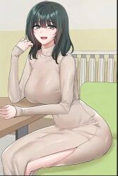 Rule 34 | 1girl, beige dress, black hair, circles, grey eyes, hand up, long hair, looking at viewer, open mouth, sitting, smile, table, yelena yerin