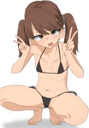 Rule 34 | 1girl, absurdres, barefoot, bikini, black bikini, blush, breasts, brown eyes, brown hair, double v, hair between eyes, highres, kantai collection, long hair, looking at viewer, micro bikini, nozea, open mouth, ryuujou (kancolle), side-tie bikini bottom, simple background, small breasts, spread legs, squatting, swimsuit, v, white background