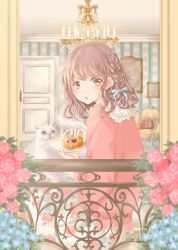 Rule 34 | 1girl, animal, animal on lap, balcony, blouse, braid, brown eyes, brown hair, cat, chair, chandelier, door, floral print, flower, food, from outside, hair ribbon, highres, holding, holding food, holding plate, hoshiibara mato, ironwork, long sleeves, looking at viewer, looking back, looking outside, on lap, open mouth, original, painting (object), pastry, pink flower, pink rose, pink shirt, plate, railing, ribbon, rose, shirt, short hair, single braid, sitting, skirt, solo, tress ribbon, wallpaper (object), white cat, white skirt, wooden floor