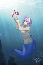 Rule 34 | 1girl, absurdres, air bubble, alternate costume, alternate eye color, bubble, closed mouth, coral, day, expressionless, fins, groin, hands up, highres, light rays, looking up, mermaid, monster girl, monsterification, navel, necktie, ocean, purple hair, red eyes, red necktie, rock, shade of trees, shell, shell bikini, shell hair ornament, signature, solo, sunbeam, sunlight, swimming, underwater, unworn necktie, voiceroid, yuzuki yukari