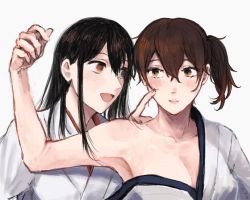 Rule 34 | 2girls, akagi (kancolle), armpits, bare shoulders, black hair, breasts, brown eyes, brown hair, cleavage, commentary request, highres, japanese clothes, kaga (kancolle), kantai collection, kimono, long hair, medium breasts, multiple girls, nidou, short hair, side ponytail, simple background, upper body, white background