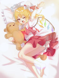 Rule 34 | 1girl, absurdres, arm up, barefoot, bear, bed, blonde hair, bow, collar, collared shirt, fang, feet out of frame, flandre scarlet, frilled collar, frilled skirt, frills, gunbbang98, hat, highres, looking at viewer, lying, mob cap, morning, hugging object, on bed, on side, one eye closed, open mouth, panties, pointy ears, puffy short sleeves, puffy sleeves, red bow, red skirt, red vest, shirt, short sleeves, skirt, solo, stuffed animal, stuffed toy, teddy bear, thighs, touhou, underwear, vest, white shirt, wings, yawning, yellow bow