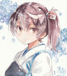 1girl :| blue_flower blush brown_eyes brown_hair closed_mouth falling_petals fantasydolce flower hair_between_eyes hair_tie highres japanese_clothes kaga_(kancolle) kantai_collection kimono long_hair looking_at_viewer muneate painting_(medium) petals side_ponytail signature solo traditional_media upper_body watercolor_(medium) white_kimono