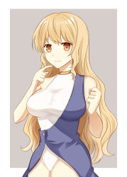Rule 34 | 1girl, bare shoulders, blonde hair, blush, border, breasts, commission, highres, koto (shiberia39), large breasts, long hair, pixiv commission, simple background, smile, solo, standing, swimsuit, touhou, watatsuki no toyohime, white border