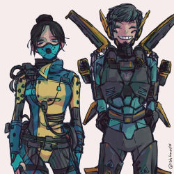 Rule 34 | 2girls, ^ ^, animification, apex legends, armor, black hair, blue bodysuit, blue eyeshadow, bodysuit, breastplate, breasts, cable, closed eyes, cowboy shot, depths of the void wraith, eyeshadow, grey hair, grin, hair bun, head tilt, jetpack, looking at viewer, makeup, mask, medium breasts, missile pod, mouth mask, multiple girls, official alternate costume, parted bangs, shikao (shikaoyn), short hair, smile, twitter username, valkyrie (apex legends), wraith (apex legends)