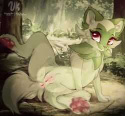 Rule 34 | 1girl, :3, animal focus, animal nose, anus, artist name, cat, cleft of venus, creatures (company), day, fangs, female focus, forest, furry, furry female, game freak, green background, green theme, happy, highres, leg up, looking to the side, nature, nintendo, no humans, outdoors, parted lips, pawpads, pokemon, pokemon (creature), presenting, pussy, red eyes, signature, sitting, smile, solo, spread legs, sprigatito, subscribestar username, teeth, tree, twitter username, uncensored, vksuika, watermark