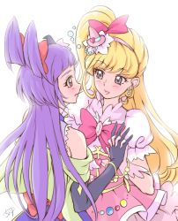 Rule 34 | 2girls, asahina mirai, bare shoulders, blonde hair, blush, bracelet, chocokin, cure magical, cure miracle, earrings, elbow gloves, gloves, hair ribbon, hairband, holding hands, hat, heart, interlocked fingers, izayoi liko, jewelry, lipstick, long hair, mahou girls precure!, makeup, mini hat, mini witch hat, multiple girls, one side up, parted lips, precure, purple eyes, purple hair, red eyes, ribbon, riko (mahou girls precure!), witch hat
