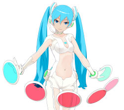 Rule 34 | 1girl, alternate costume, aqua hair, blue eyes, breasts, cowboy shot, enami katsumi, gloves, hatsune miku, headset, highres, long hair, navel, simple background, small breasts, smile, solo, twintails, very long hair, vocaloid, white background